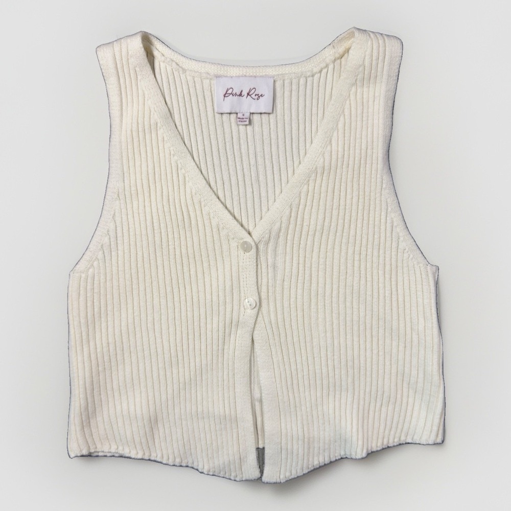 Pink Rose Womens S Ivory Ribbed Knit Tank Top Deep V Neck 2 Button Cotton Blend